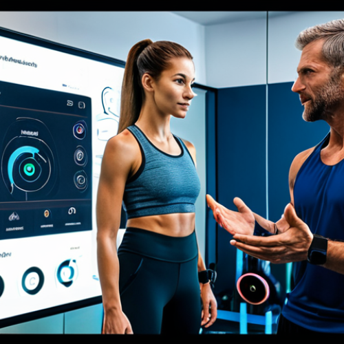 Home 14 A professional sports wellness coach, fully clothed in modern athletic wear, guides a client in a sleek, high-tech fitness studio. The coach points to an interactive holographic display showing personalized health metrics and AI-driven exercise analysis. Smart wearable devices are visible, indicating data integration. The scene captures a personalized, data-driven coaching session with a focus on advanced technology. The client is also fully clothed in appropriate workout attire. Perfect anatomy, correct proportions, natural pose, well-formed hands, proper finger count, natural body proportions. Professional photography, sharp focus, vibrant colors, high quality, safe for work, appropriate content, fully clothed, professional.
