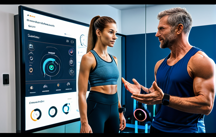 A professional sports wellness coach, fully clothed in modern athletic wear, guides a client in a sleek, high-tech fitness studio. The coach points to an interactive holographic display showing personalized health metrics and AI-driven exercise analysis. Smart wearable devices are visible, indicating data integration. The scene captures a personalized, data-driven coaching session with a focus on advanced technology. The client is also fully clothed in appropriate workout attire. Perfect anatomy, correct proportions, natural pose, well-formed hands, proper finger count, natural body proportions. Professional photography, sharp focus, vibrant colors, high quality, safe for work, appropriate content, fully clothed, professional.